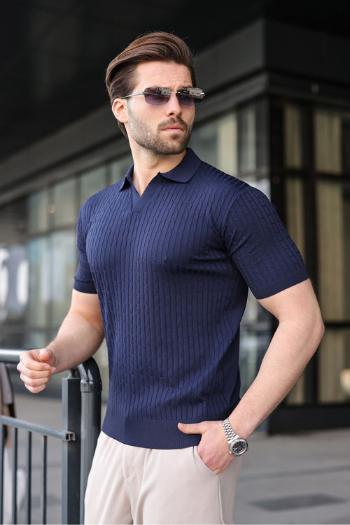 Lacivert Slim Fit Polo Yaka Triko Erkek Tişört E7472