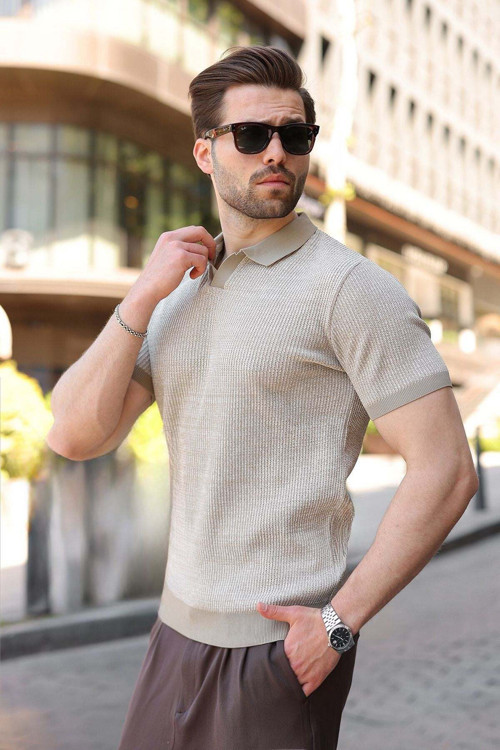 Kum Rengi Polo Yaka Regular Fit Erkek Triko Tişört E7496