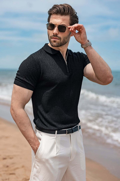 Siyah Regular Fit Polo Yaka Triko Erkek Tişört E7503