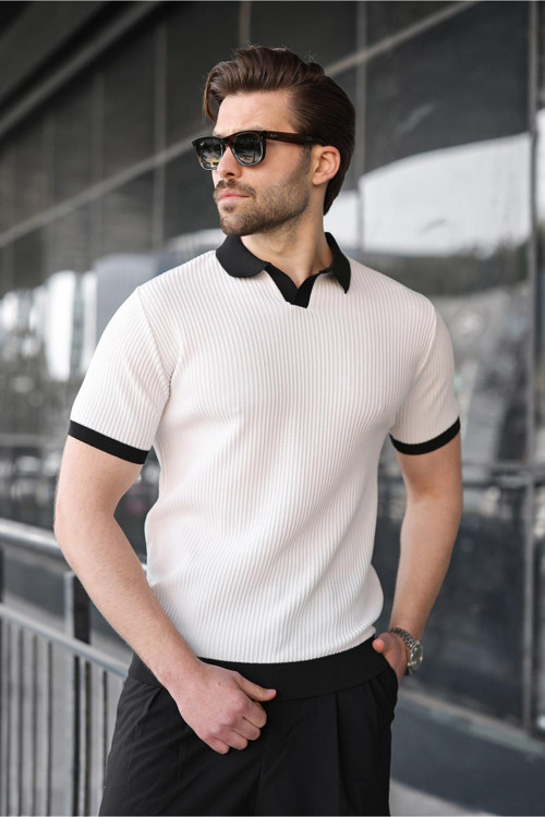 Beyaz Polo Yaka Triko Erkek Tişört E7464