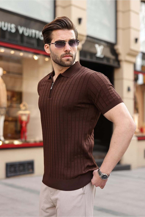 Kahverengi Polo Yaka Slim Fit Triko Erkek Tişört E7465