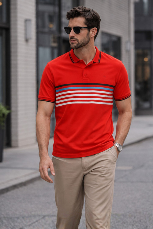 Kırmızı Çizgili Polo Yaka Tişört 5869