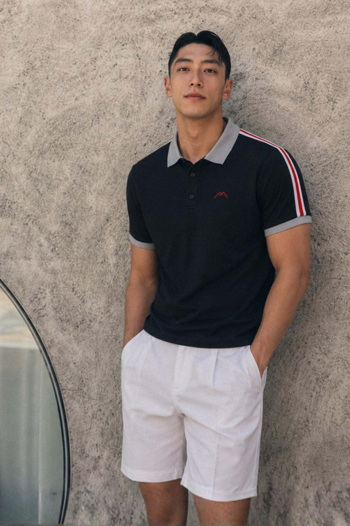Siyah Kol Şeritli Polo Yaka Tişört 5888