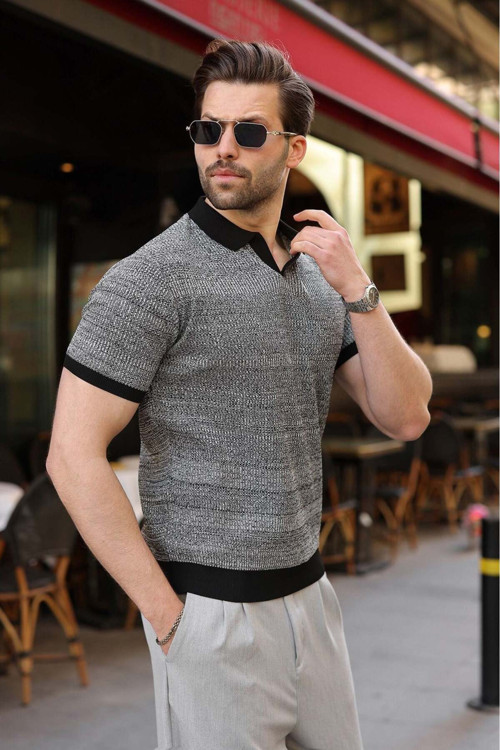 Siyah Polo Yaka Regular Fit Erkek Triko Tişört E7496