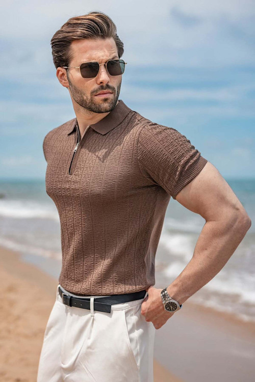 Açık Kahverengi Regular Fit Polo Yaka Triko Erkek Tişört E7503
