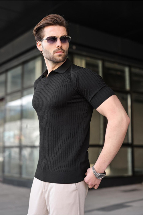 Siyah Slim Fit Polo Yaka Triko Erkek Tişört E7472