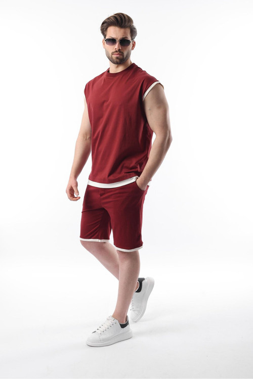 Bordo Sıfır Kol Erkek Şort T-Shirt Takım E7308
