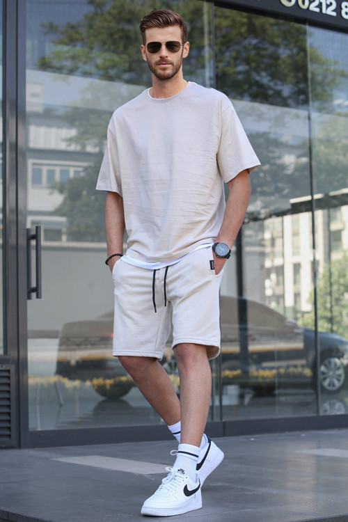 Bej Oversize Erkek Şort Takımı 5668