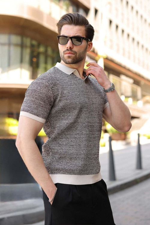 Taş Rengi Polo Yaka Regular Fit Erkek Triko Tişört E7496