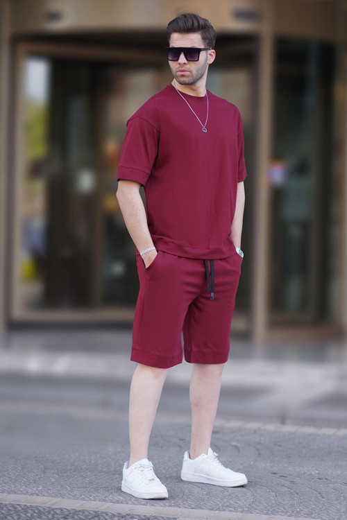Bordo Bisiklet Yaka Basic Erkek Şort Takımı 5953