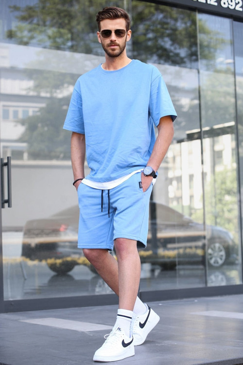 Mavi Oversize Erkek Şort Takımı 5668