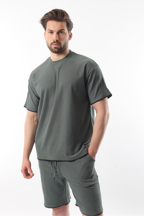 Haki Nakış Detaylı Erkek Şort T-Shirt Takım E7305