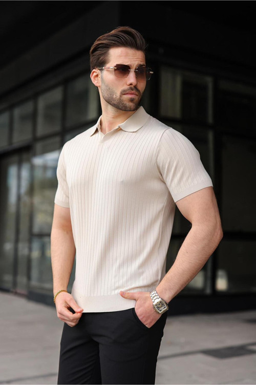 Taş Rengi Polo Yaka Triko Erkek Tişört E7461