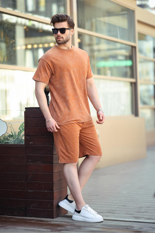 Kahverengi Basic Erkek Şort T-Shirt Takımı E7309