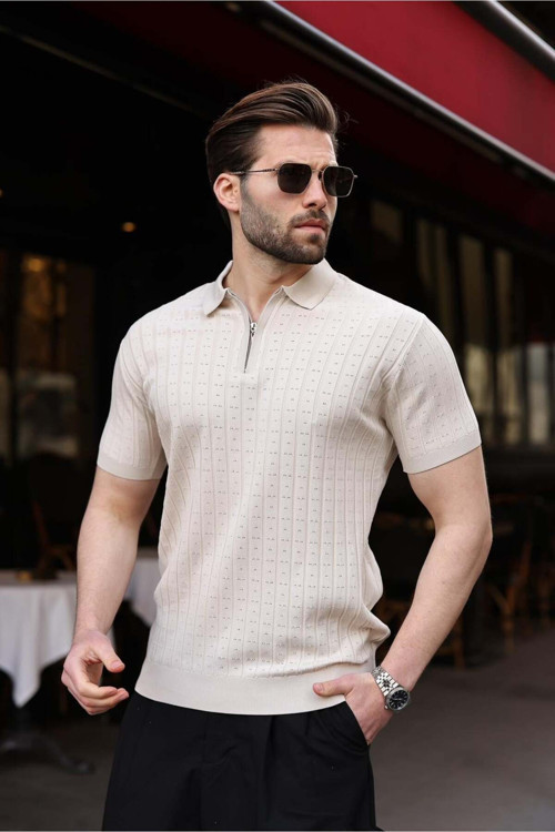 Taş Rengi Polo Yaka Slim Fit Triko Erkek Tişört E7465