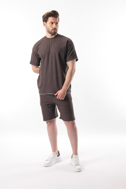 Kahverengi Nakış Detaylı Erkek Şort T-Shirt Takım E7305