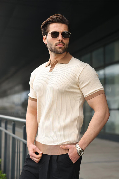 Taş Rengi Polo Yaka Triko Erkek Tişört E7471
