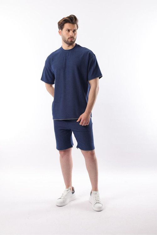 Lacivert Nakış Detaylı Erkek Şort T-Shirt Takım E7305