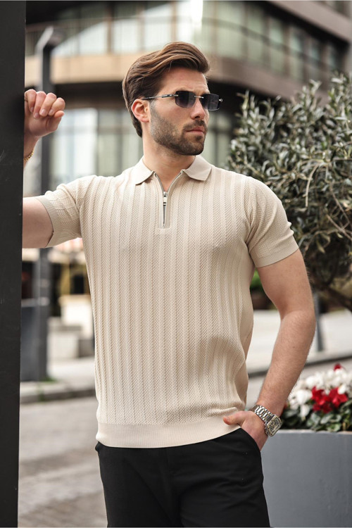 Taş Rengi Yarım Fermuarlı Polo Yaka Erkek Triko Tişört E7458