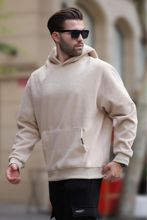 Bej Kapüşonlu Cep Detaylı Polar Erkek Sweatshirt 7093