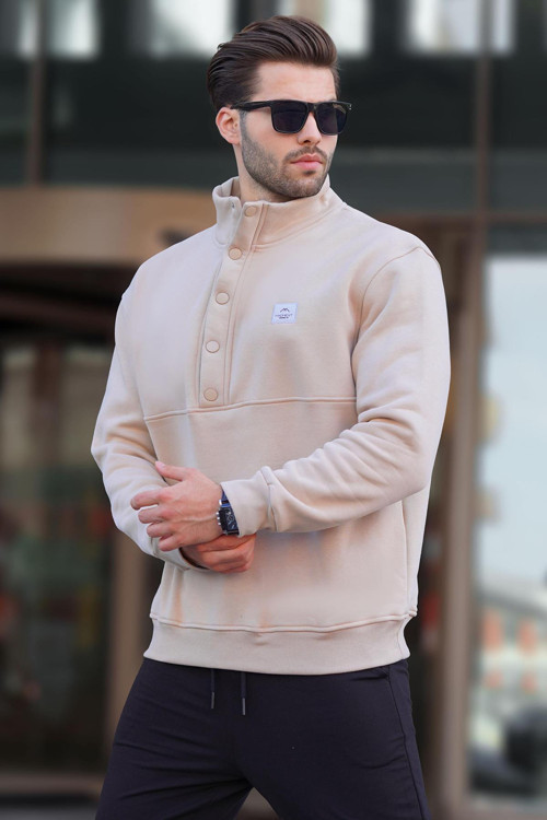 Bej Dik Yakalı Düğme Detaylı Erkek Sweatshirt 7060