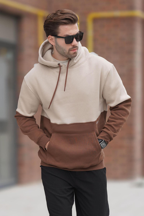 Bej Kapüşonlu Renk Bloklu Baskı Detaylı Erkek Sweatshirt 7046