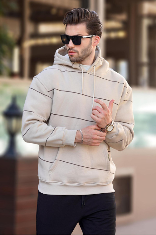 Bej Kapüşonlu Cep Detaylı Çizgili Erkek Sweatshirt 7063