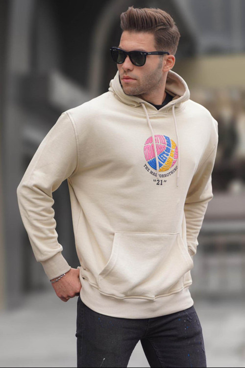 Bej Kabartma Baskılı Kapüşonlu Sweatshirt 6042