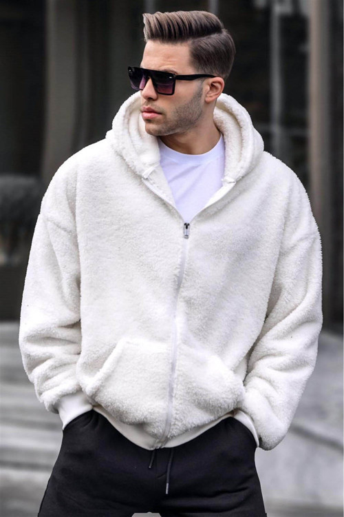 Ekru Peluş Over Fit Kapüşonlu Fermuarlı Erkek Sweatshirt 6049