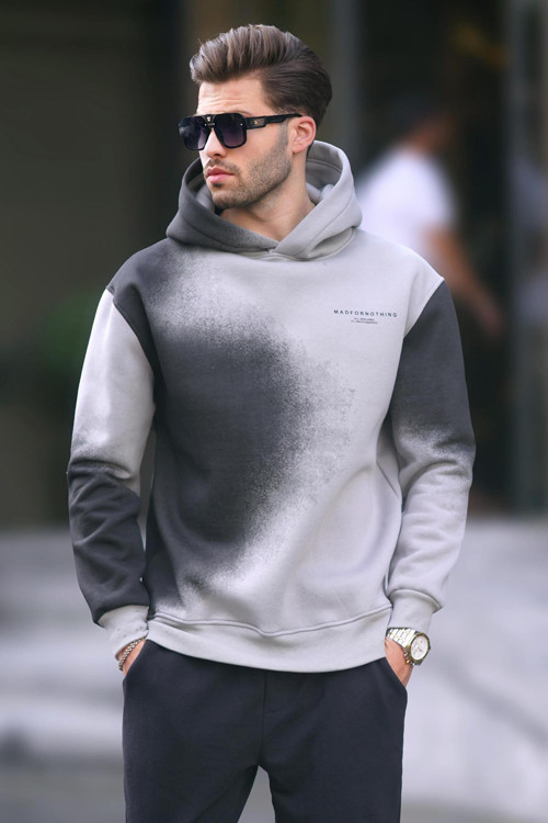 Boyalı Gri Baskılı Kapşonlu Soluk Kumaşlı Oversize Erkek Sweatshirt 7051