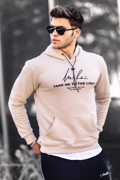 Erkek Bej Baskılı Kapüşonlu Sweatshirt