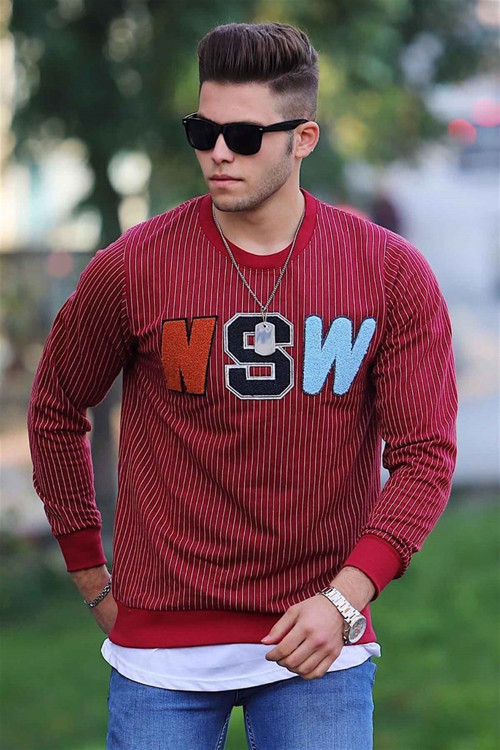 Erkek Bordo Çizgili Sweatshirt - 2792