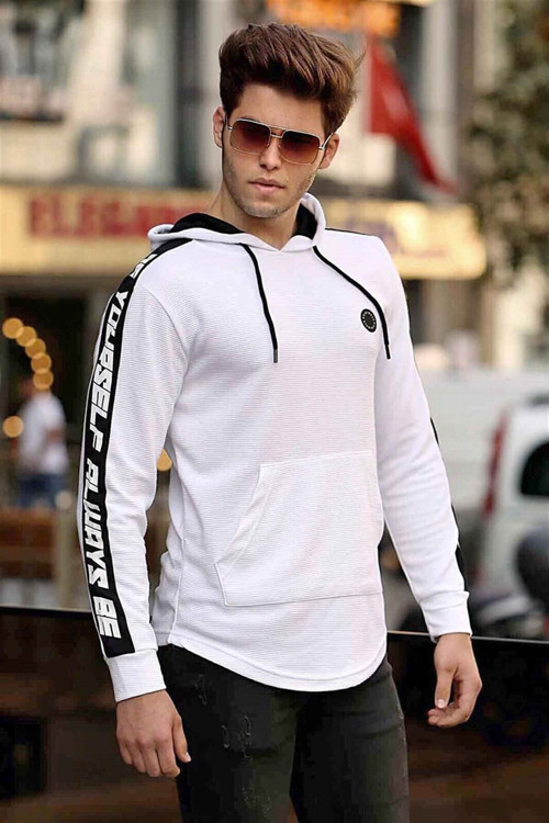Yandan Şeritli Beyaz Kapşonlu Sweatshirt 4170