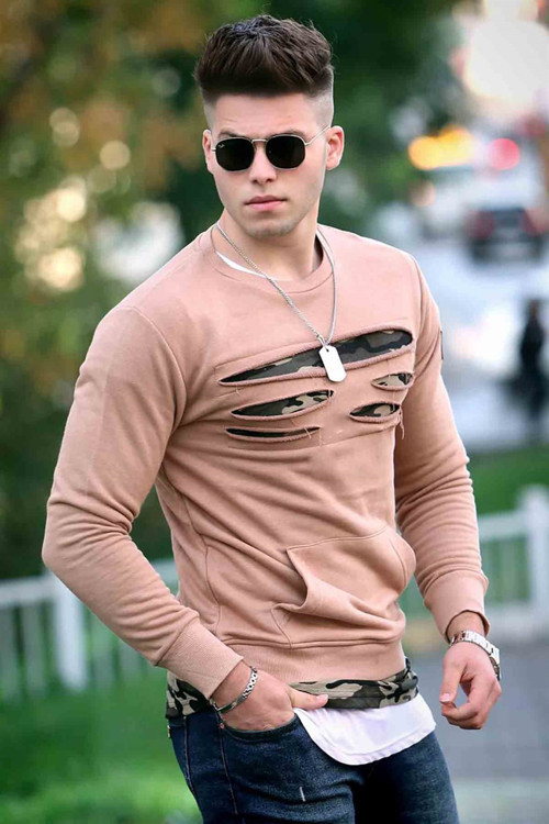 Yırtık Detaylı Camel Kapşonlu Sweatshirt 2185