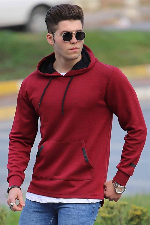 Erkek Basic Bordo Kapşonlu Sweatshirt 4160