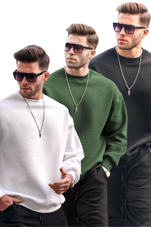 Ekru/Haki/Siyah Bisiklet Yaka Oversize Şardonlu Basic Erkek 3'Lü Paket Sweatshirt E7448