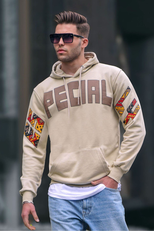 Bej Baskılı Kapüşonlu Erkek Sweatshirt 6039
