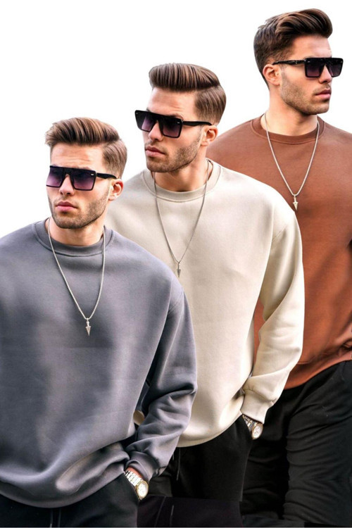 Füme/Bej/Kahverengi Bisiklet Yaka Oversize Şardonlu Basic Erkek 3'Lü Paket Sweatshirt E7448