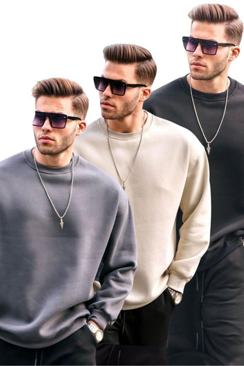 Füme/Bej/Siyah Bisiklet Yaka Oversize Şardonlu Basic Erkek 3'Lü Paket Sweatshirt E7448