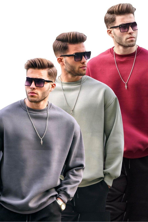 Füme/Mintyeşili/Bordo Bisiklet Yaka Oversize Şardonlu Basic Erkek 3'Lü Paket Sweatshirt E7448