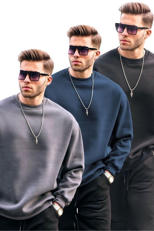 Füme/Lacivert/Siyah Bisiklet Yaka Oversize Şardonlu Basic Erkek 3'Lü Paket Sweatshirt E7448