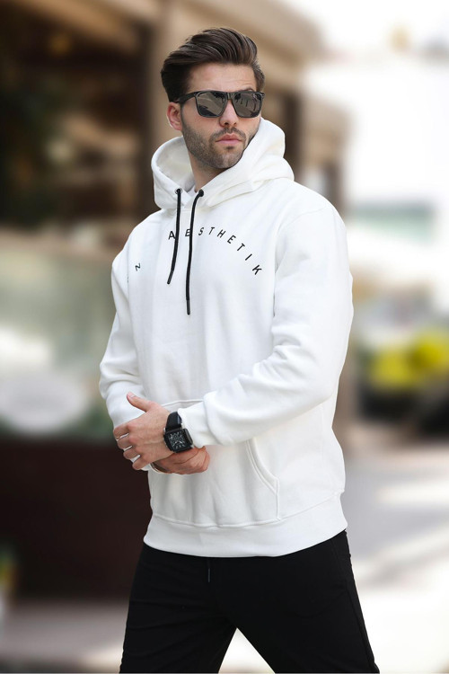 Ekru Kapüşonlu Cep Detaylı Nakışlı Erkek Sweatshirt 7054