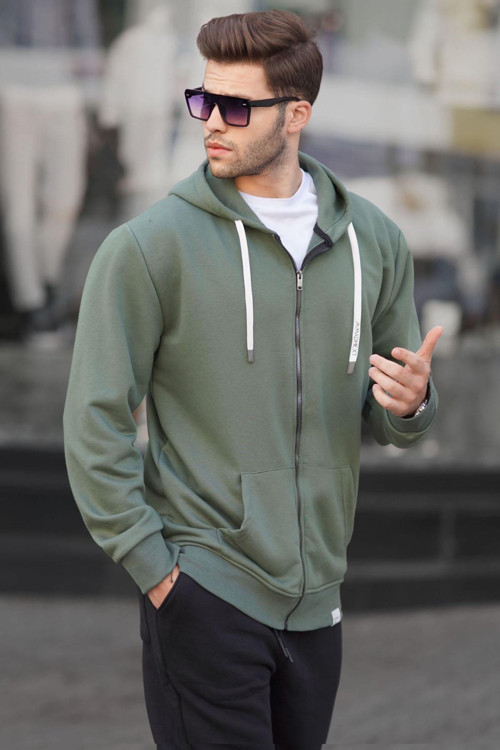 Haki Yeşili Fermuarlı Kapüşonlu Sweatshirt 6161