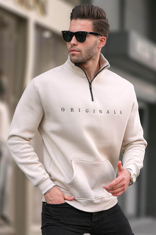 Bej Fermuar Yaka Nakışlı Sweatshirt 6028