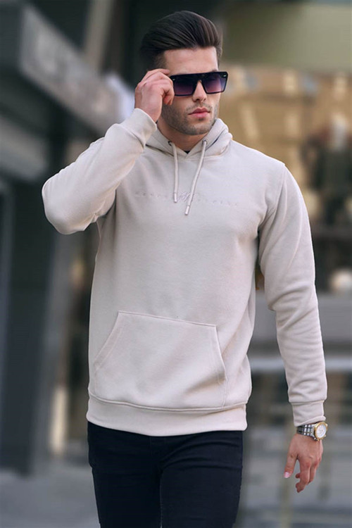Bej Kapüşonlu Basic Sweatshirt 6014