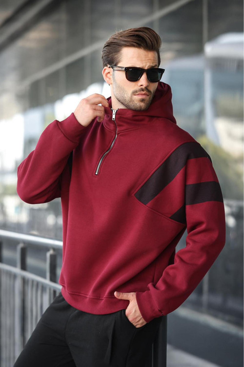 Bordo Fermuarlı Yaka Kapüşonlu Erkek Sweatshirt E7161