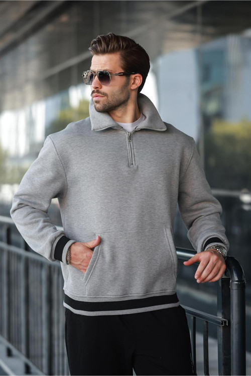 Grimelanj Fermuarlı Dik Yaka Kanguru Cep Erkek Sweatshirt E7159