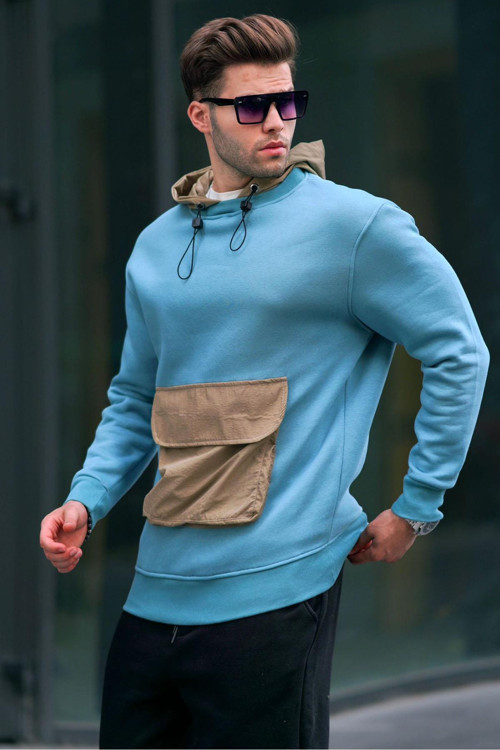 Mavi Kanguru Cep Kapüşonlu Erkek Sweatshirt 6138
