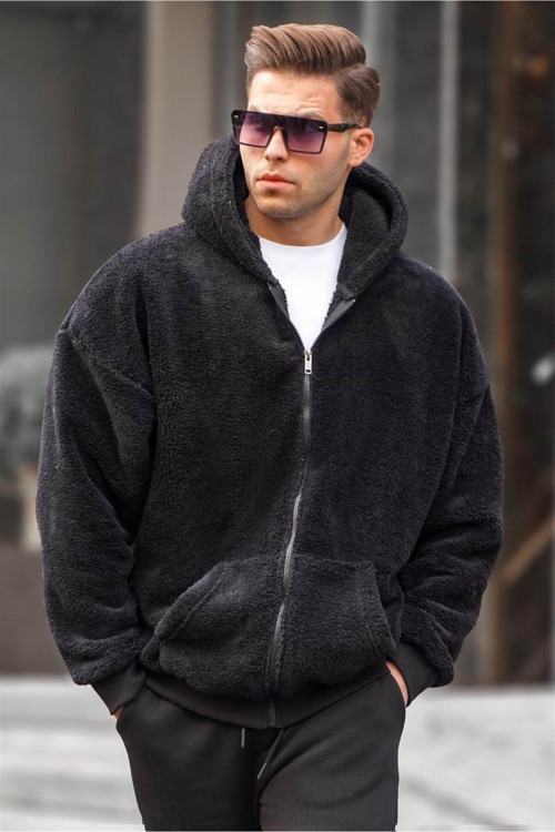 Siyah Peluş Over Fit Kapüşonlu Fermuarlı Erkek Sweatshirt 6049