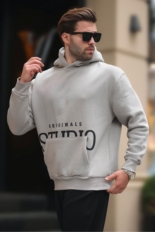 Boyalı Gri Kapüşonlu Baskılı Cep Detaylı Sweatshirt E7076